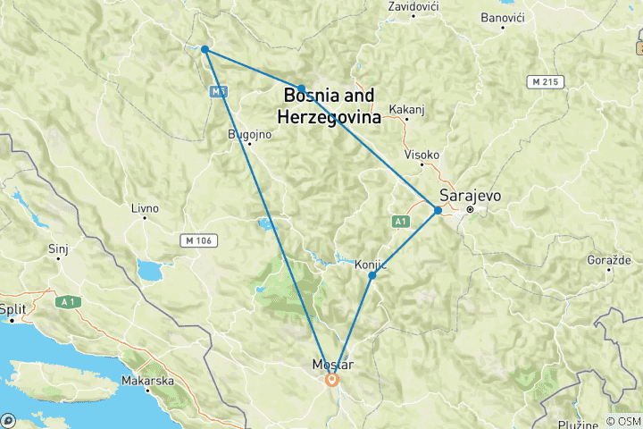 Map of All seasons 3 days Bosnia tour from Mostar to Sarajevo, Travnik and Jajce. Bosnia-Herzegovina mini-tour to visit the most important places.