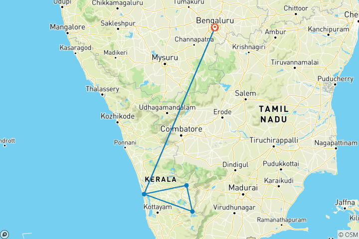 Kaart van Een privé luxe rondreis naar Munnar en Thekkady (Vanuit Bangalore met vluchten): Exotische thee- en kruidenplantages, Periyar Wildlife Heiligdom