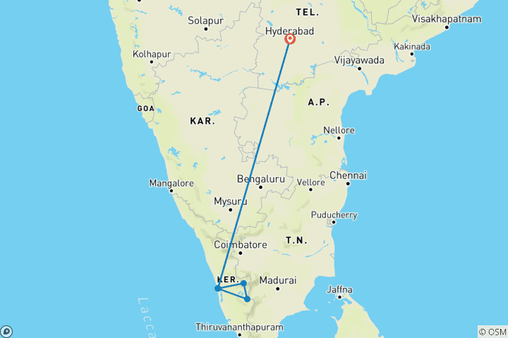 Kaart van Een privé luxe rondreis naar Munnar en Thekkady (vanaf Hyderabad met vluchten): Exotische thee- en kruidenplantages, Periyar Wildlife Heiligdom