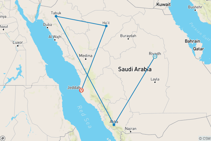 Map of Customized Saudi Arabia Adventure, Daily Depart & Private Guide