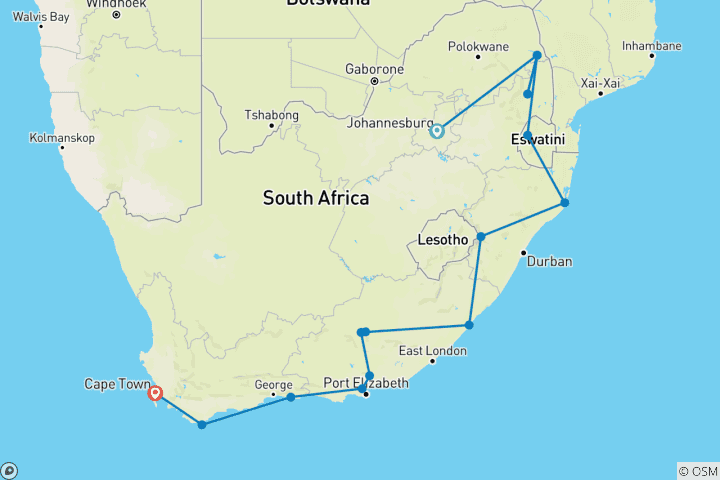 Karte von Südafrika Eco Entdeckungsreise - 18 Tage