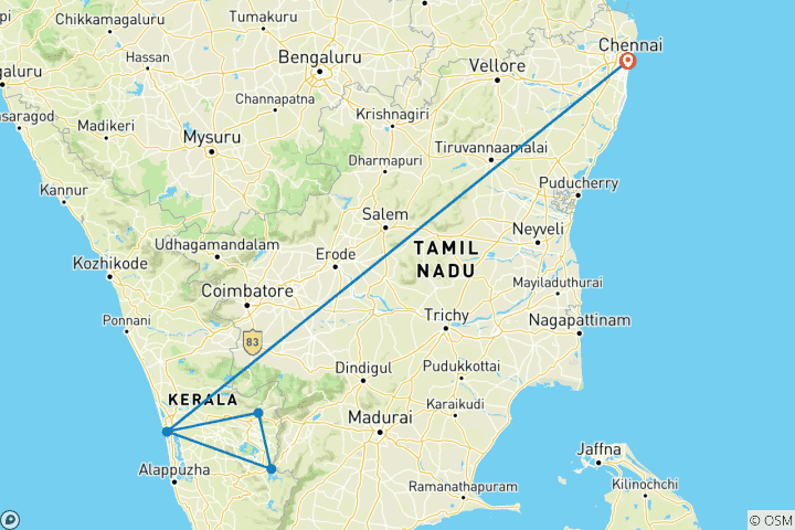 Karte von Landausflug: Privat geführte Luxusreise nach Munnar und Thekkady (ab Kochi/Goa/Chennai etc. mit Flug): Exotische Tee- und Gewürzplantagen, Periyar Wildlife Sanctuary