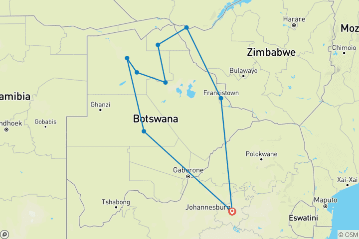 Map of 16 Day Botswana Tour Camping