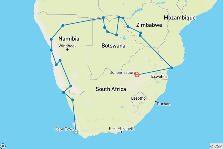 Carte du circuit 24 jours Du Cap à Johannesburg via Victoria Falls Hébergement