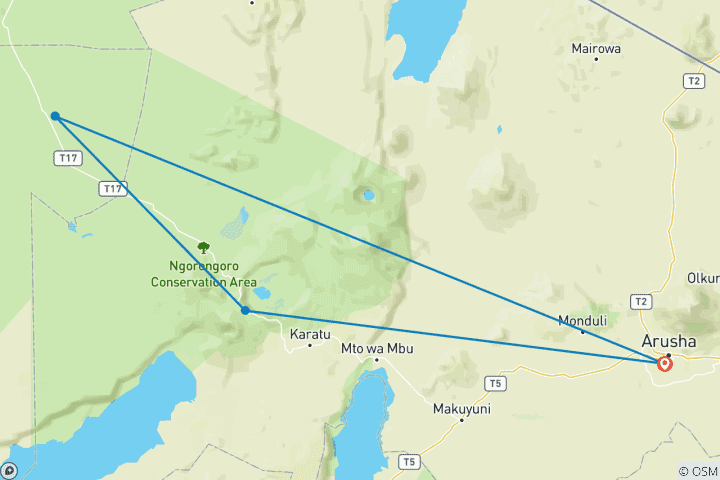 Map of 4 days in Serengeti seronera migration and Ngorongoro