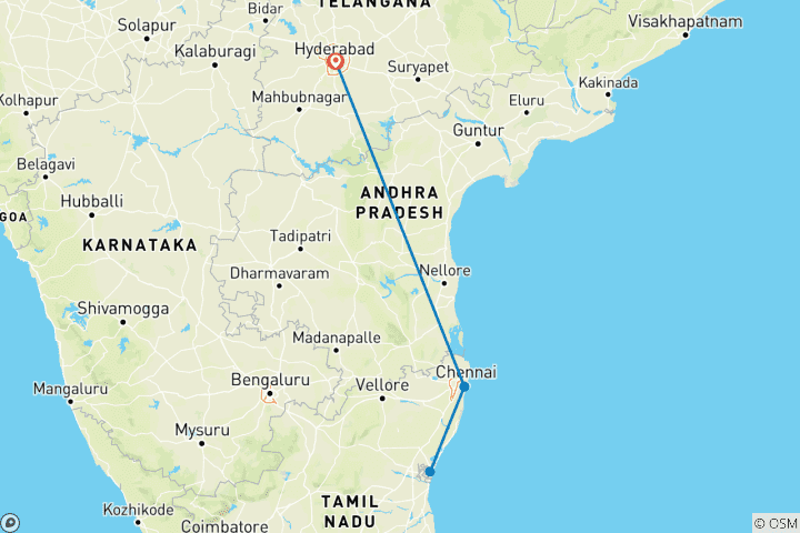 Karte von Luxuriöse privat geführte Rundreise nach Pondicherry (ab Hyderabad mit Flug): Französische Kolonie, Kulturreise und Meeresküste