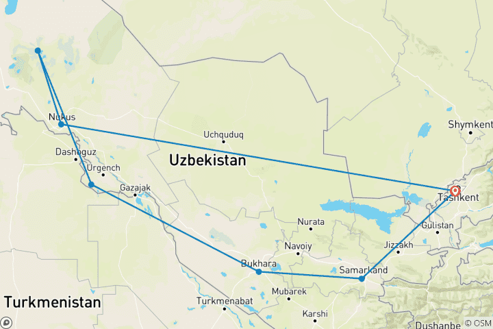 Map of Customized 11 Days Uzbekistan Desert Tour, Daily Depart & Private Guide and Car