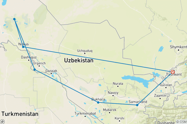 Carte du circuit Vacances personnalisées en Ouzbékistan avec safari dans le désert, départ quotidien