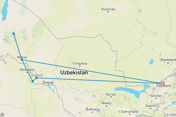 Carte du circuit Aventure sur mesure en Ouzbékistan avec mer d'Aral, départ quotidien et guide privé