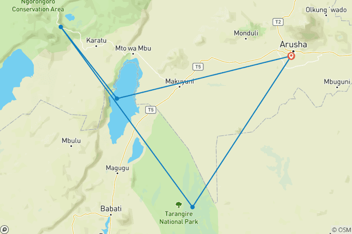 Map of 3 Days Tarangire, Ngorongoro & Lake Manyara Luxury lodge safari