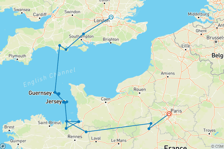 Mapa de Londres a París por las Islas Anglonormandas 2023