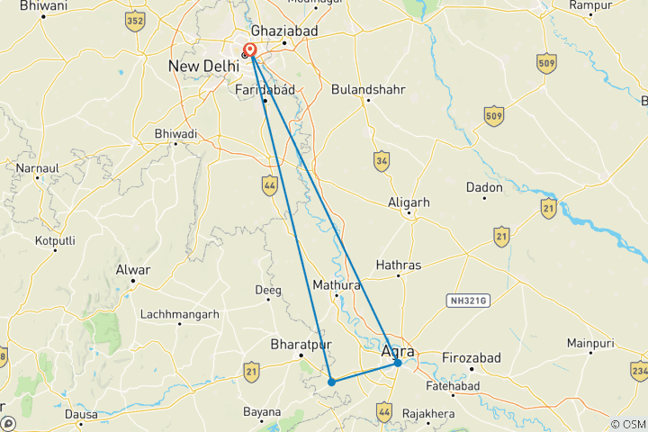 Map of 3 Days Solo Traveller - Taj Mahal and Fatehpur Sikri City Tour from Delhi with 4 Star Hotel