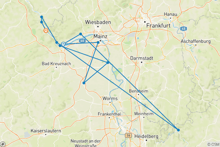 Karte von Rhein: Winzertour durch 4 Weinanbaugebiete (8 Tage)
