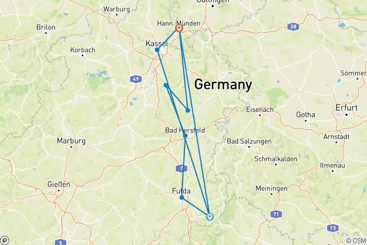 Kaart van Fulda: van de bron tot Hann. Münden (6 dagen)