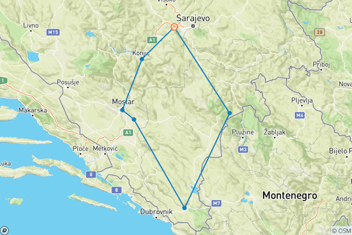 Karte von Ganzjährige 3 Tage durch Bosnien ab Sarajevo. Mikro über Mostar, Blagaj, Stolac, Tvrdos, Trebinje.
