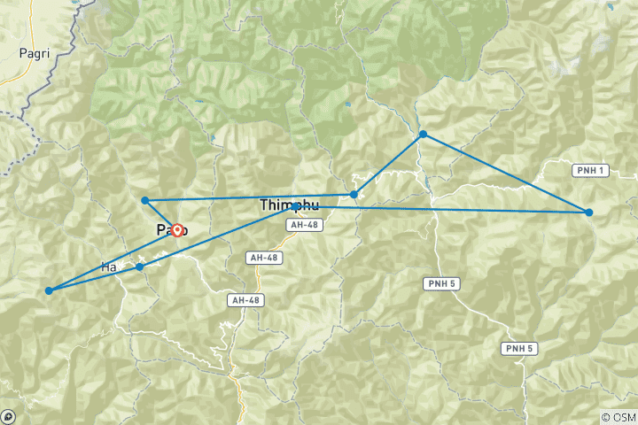 Carte du circuit 9 jours de visite authentique du Bhoutan avec des guides locaux