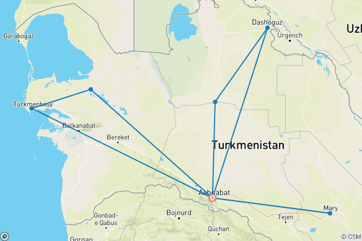 Carte du circuit Circuit sur mesure de 8 jours au Turkménistan, départ quotidien et voiture privée