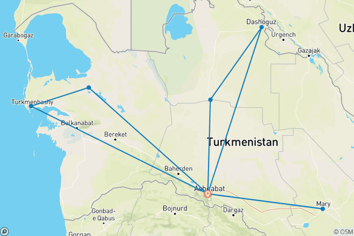 Mapa de El mejor viaje a Turkmenistán en 8 días, a medida, con salida diaria y coche privado