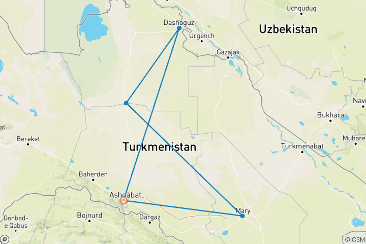 Map of Customized Private 6 Days Turkmenistan Trip, Daily Departure