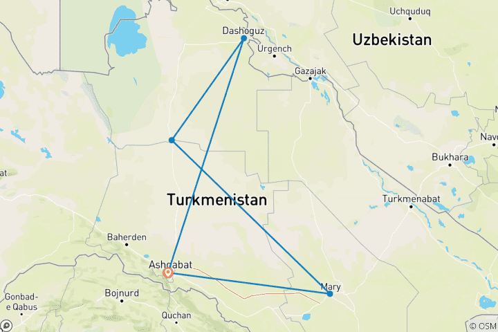 Map of Customized Private Turkmenistan Trip with Daily Departure