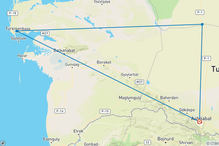Kaart van 10 Daagse Turkmenistan Tour op maat, dagelijks vertrek & privégids