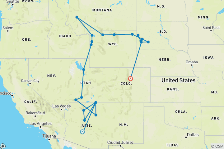 Karte von Amerikas großartige Nationalparks (Kleine Gruppen, Ende Denver, 16 Tage)