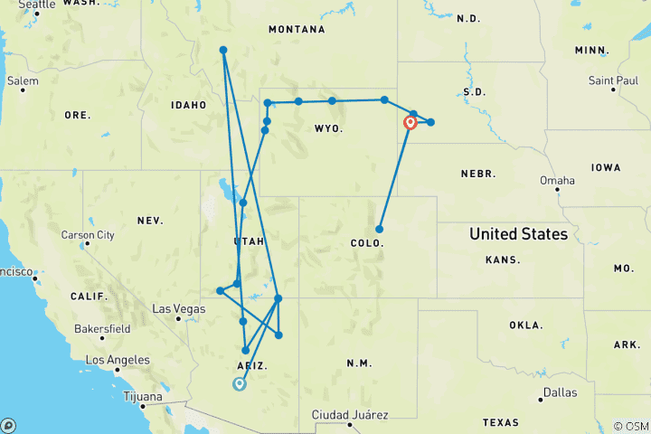 Map of America's Magnificent National Parks (Small Groups, End Rapid City, 16 Days)