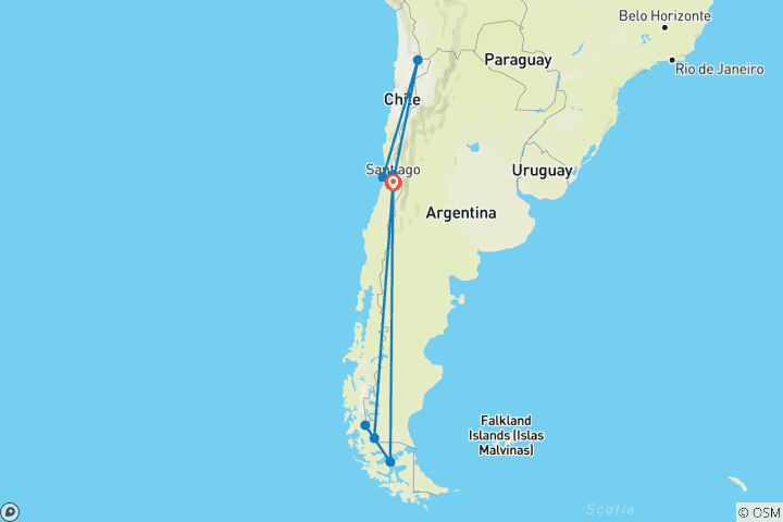 Carte du circuit Le meilleur du Chili, de l'Atacama à la Patagonie - petits groupes, base, 11 jours