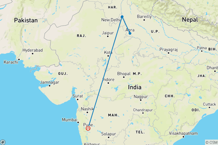 Map of From Pune: Overnight Taj Mahal Private Tour with Flight & Hotel