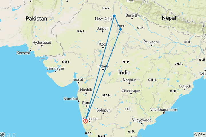 Map of From Goa: Overnight Taj Mahal Private Tour with Flight & Hotels