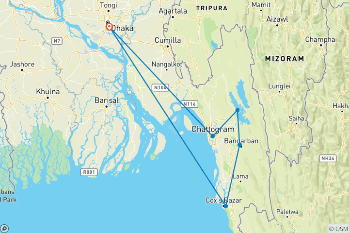 Karte von Maßgeschneiderte 9-tägige private Bangladesch-Reise, privater Reiseleiter und exklusiver Wagen
