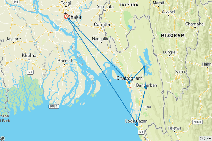 Karte von Maßgeschneiderte 9-tägige Bangladesch-Reise mit täglichem Start, privatem Guide und exklusivem Fahrer