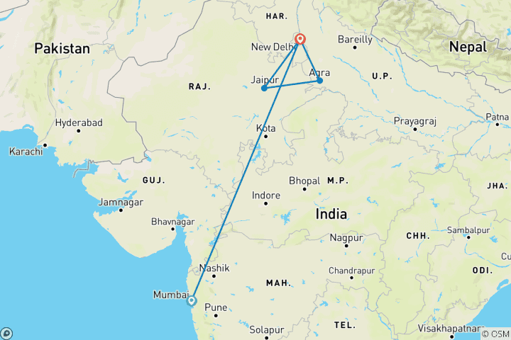 Mapa de Desde Bombay: circuito privado al triángulo de oro con vuelo y hoteles