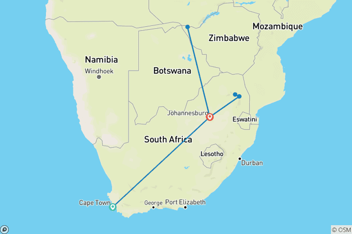 Map of Highlights of South Africa with Victoria Falls