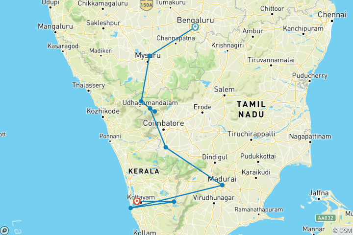 Map of Southern India Sojourn Bike Tour