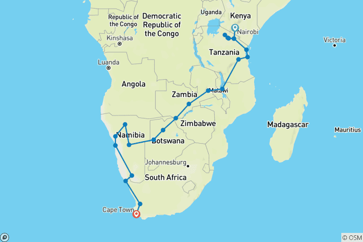 Map of Southern Explorer Safari | 43 Days Overlanding From Nairobi to Cape Town