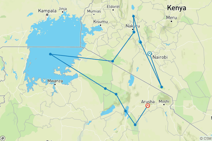 Map of 14 Days Best of Kenya & Tanzania Wildlife & Cultural Tour Adventure