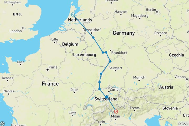 Kaart van Romantische Rijn met 1 nacht in Amsterdam, Pilatusberg, 1 nacht in Luzern & 3 nachten in het Comomeer (zuidwaarts) 2024