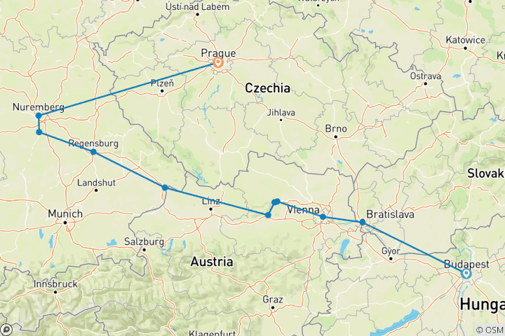 Kaart van Ontdekking van de Blauwe Donau met 2 nachten in Boedapest & 2 nachten in Praag 2024