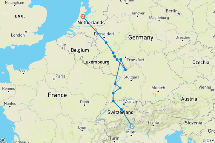 Carte du circuit Rhin romantique avec 3 nuits au lac de Côme et 1 nuit à Lucerne et au Mont Pilate (vers le nord)