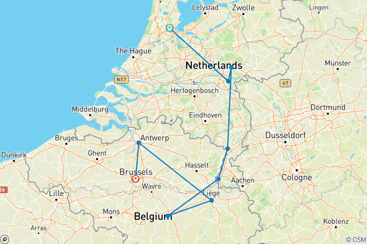 Map of Tulip Time in Holland & Belgium with 1 Night in Amsterdam 2024