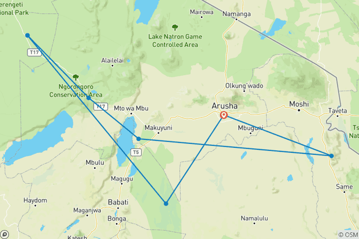 Mapa de Experiencia de 7 días en un Safari Lodge de gama media visitando todos los Parques Nacionales, incluido un día de excursión por el Kilimanjaro
