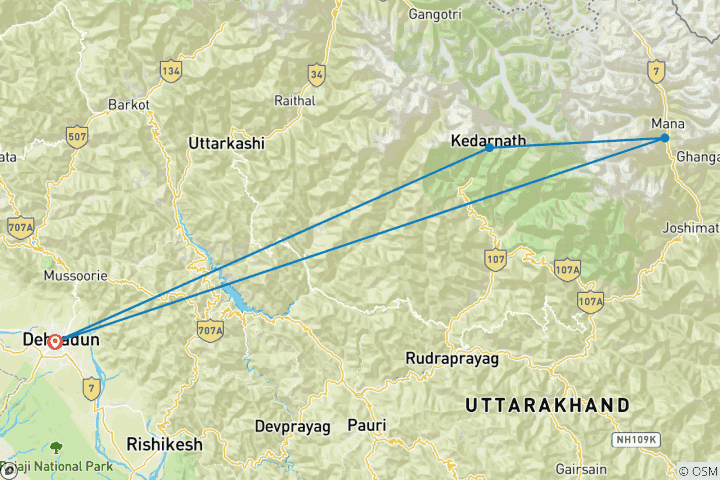 Karte von Badrinath Kedarnath Yatra mit Hubschrauber ab Dehradun-02 Nächte /03 Tage