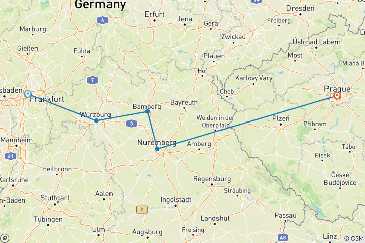 Carte du circuit Fêtes de fin d'année au cœur de l'Allemagne avec 2 nuits à Prague 2024 (from Francfort-sur-le-Main to Prague)