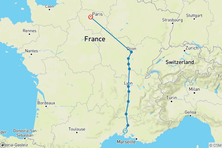 Kaart van Bourgondië & Provence met 2 nachten in Parijs voor wijnliefhebbers (noordwaarts) 2024