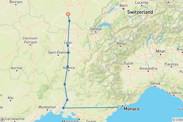 Carte du circuit Bourgogne et Provence avec 2 nuits à Nice pour les amateurs de vin (vers le nord)