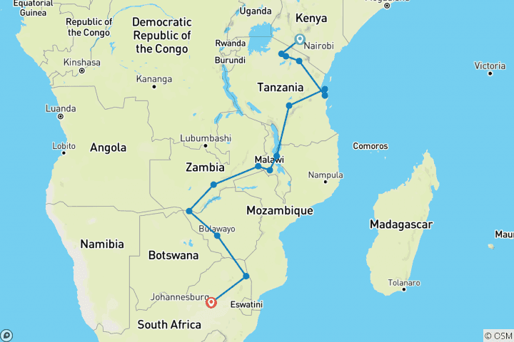 Map of Nairobi to Joburg Overland: Craters & Camping