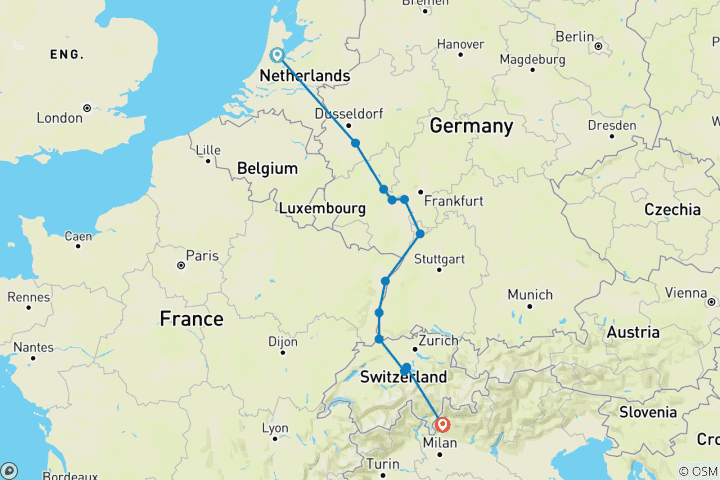 Kaart van Feest op de Romantische Rijn met 1 nacht in Amsterdam, Berg Pilatus, 1 nacht in Luzern & 3 nachten in het Comomeer (Zuidwaarts)