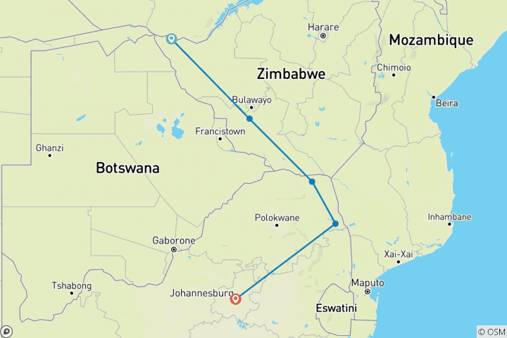 Carte du circuit Kruger, chutes et Zimbabwe : piscines minérales et parcs nationaux