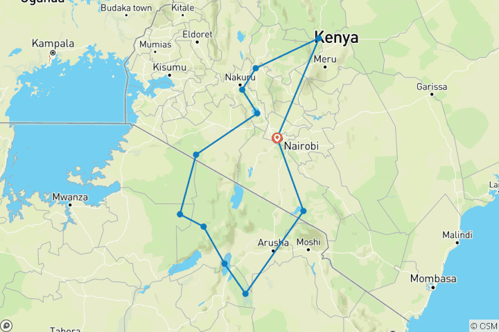 Map of 15 Days Kenya & Tanzania Combo Safari